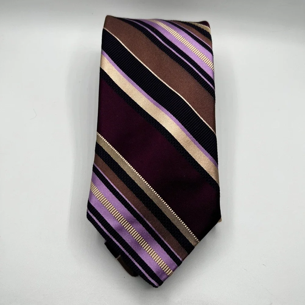 Ike Behar New York Silk‎ Tie Purple Brown Gold Striped Hand Tailored USA Made